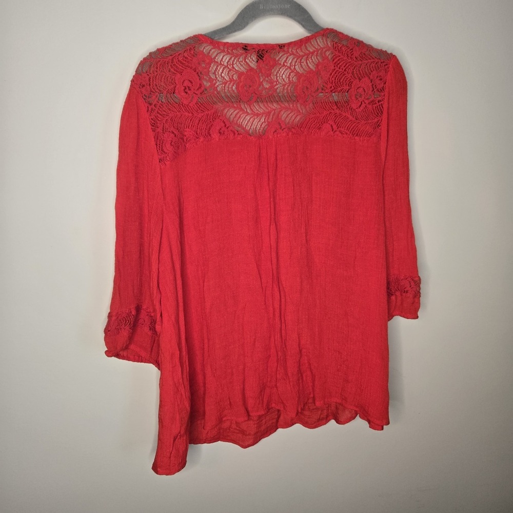 Red Lace Crochet Boho Blouse Top Shirt Plus 2XL Zac & Rachel 3/4 Balloon Sleeve - Picture 7 of 10